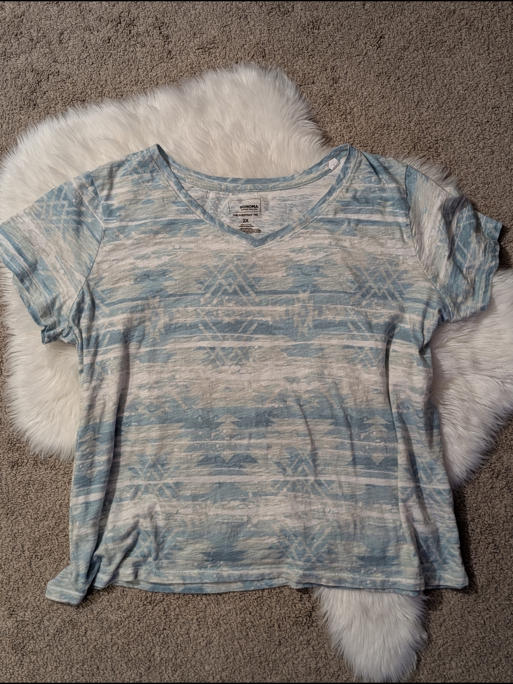 Sonoma Everyday Tee Turquoise &White Aztec Patterned V-Neck Short Sleeve Top 2X